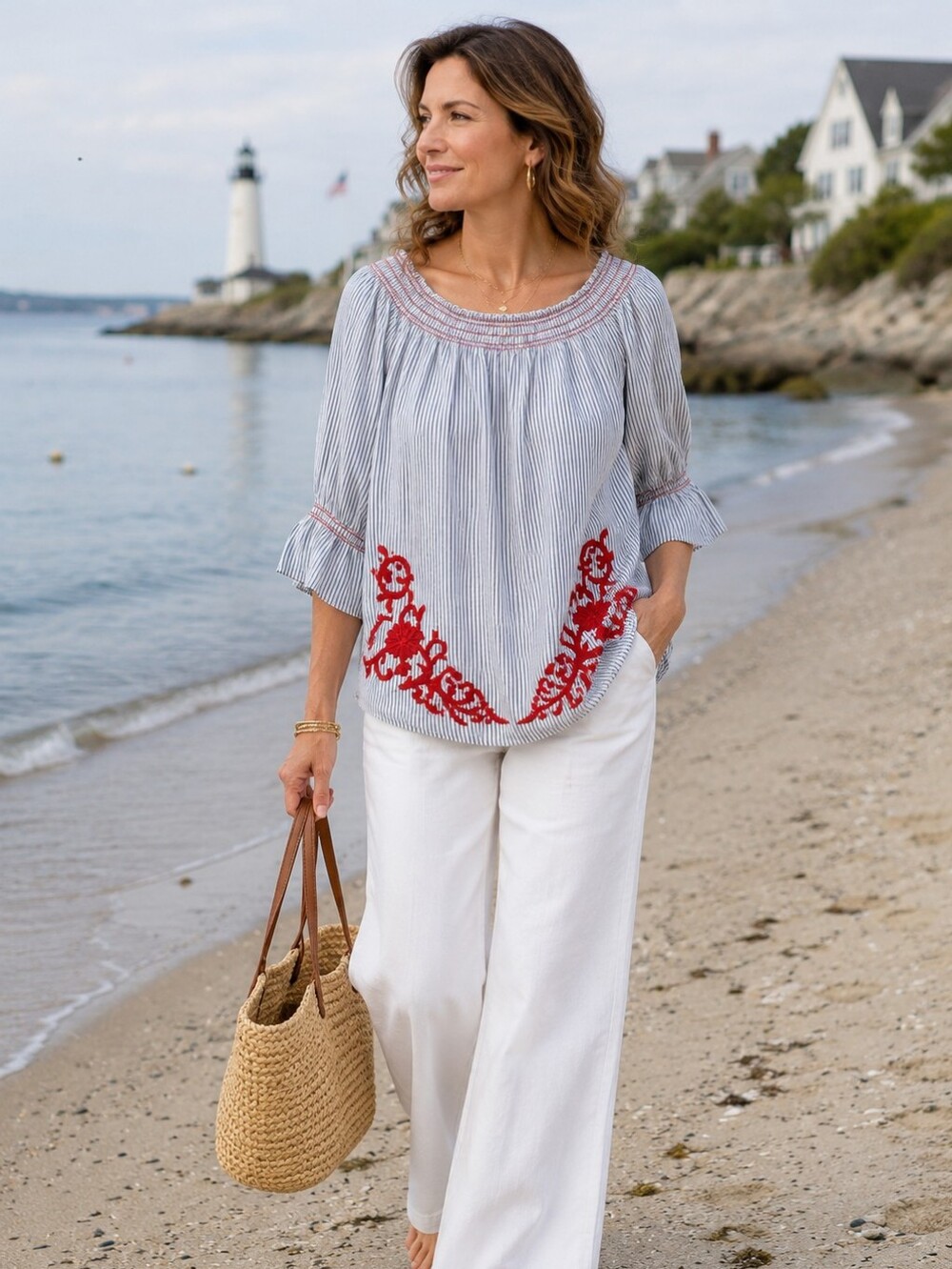 Westport XL Blue White Stripe Red Embroidered Off Shoulder Peasant Blouse